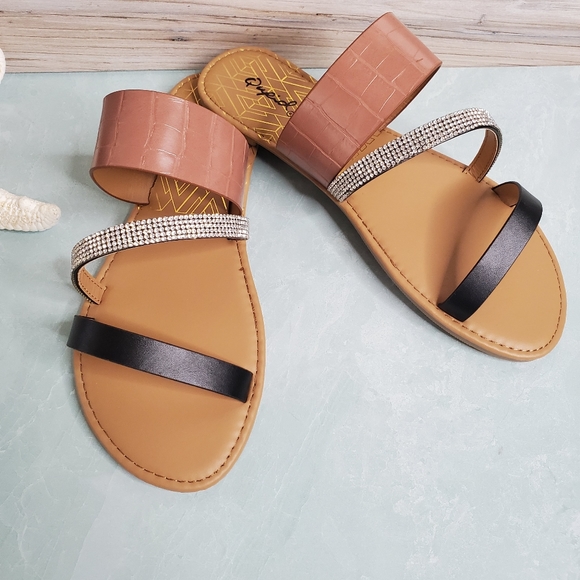 NEW Mocha Rhinestone Triple Strap Slip on Sandal - Picture 4 of 8